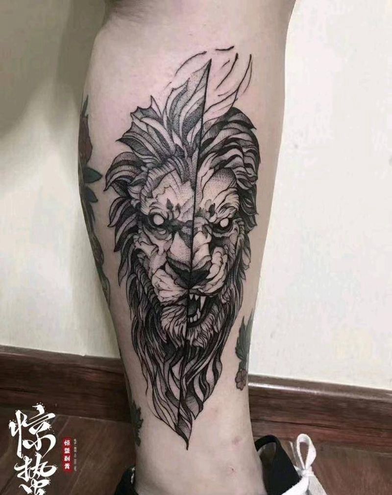 暗黑狮子纹身图片_腿部暗黑纹身图案
