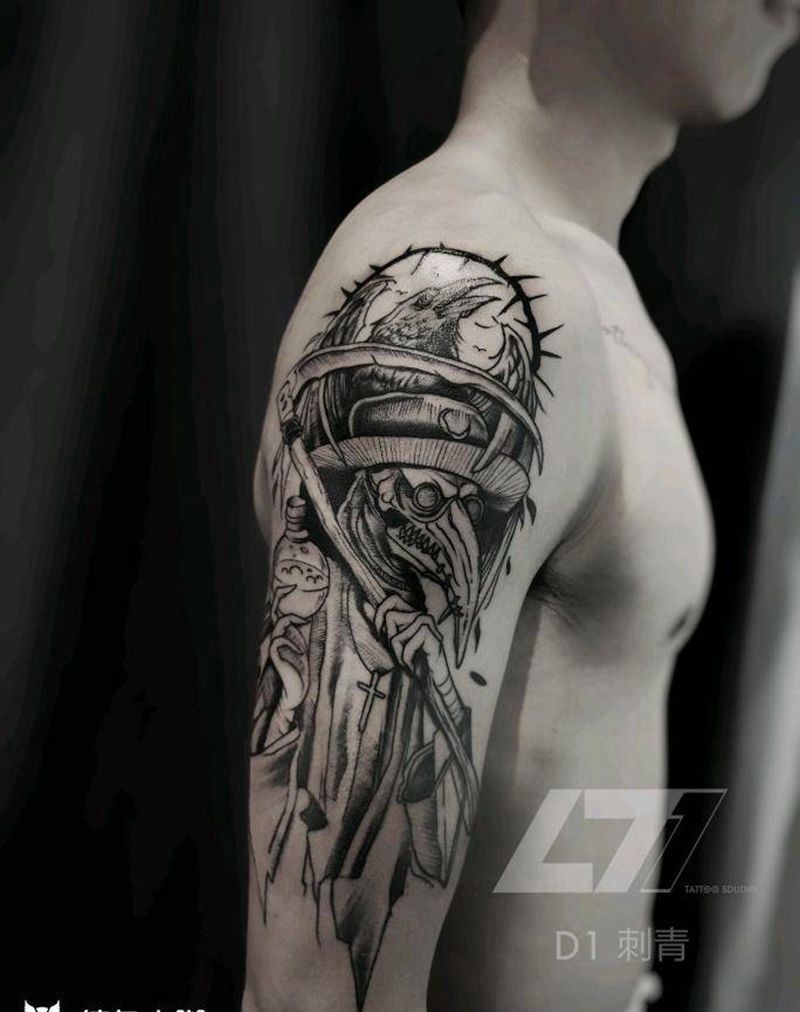 鸟嘴医生纹身图片_手臂点刺New School纹身图案