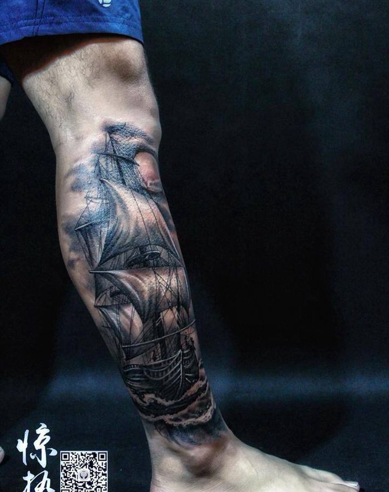 小腿写实帆船纹身图片_成品欧美腿部写实原创惊蛰刺青纹身图案