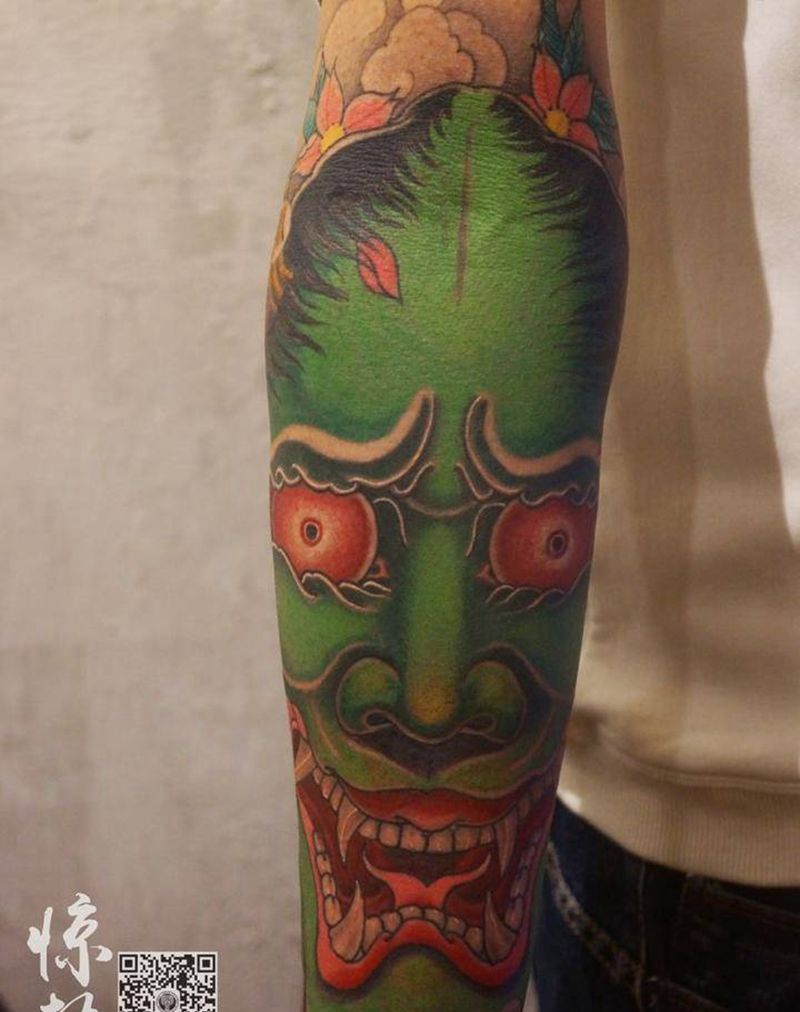 般若包小臂纹身图片_成品手臂传统鬼神惊蛰刺青原创纹身图案