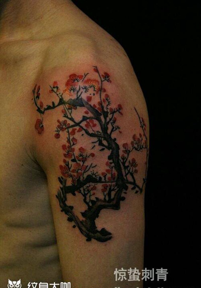写意梅花纹身图片_手臂国画植物唐山惊蛰成品纹身图案