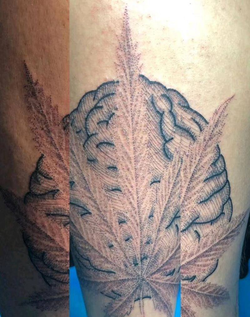 小腿麻叶纹身图片_腿部点刺纹身图案