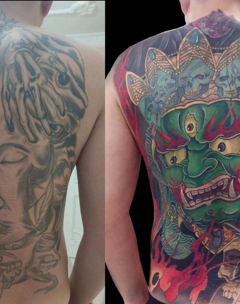 满背大黑天暴力遮盖纹身图片_背部新传统纹身图案