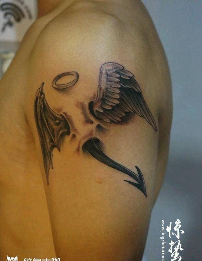 素描作品天使与恶魔纹身图片_手臂欧美写实宗教唐山惊蛰成品纹身图案