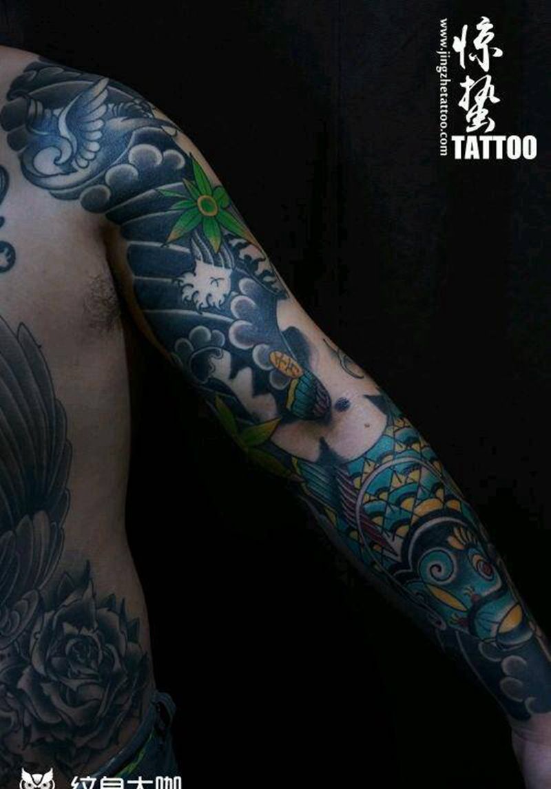 日式花臂招财猫～未完～唐山惊蛰纹身图片_手臂传统动物唐山惊蛰成品纹身图案