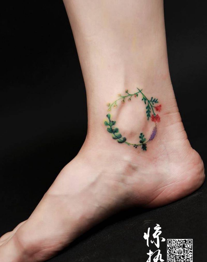 清新小花环纹身图片_成品脚部清新植物原创惊蛰刺青纹身图案
