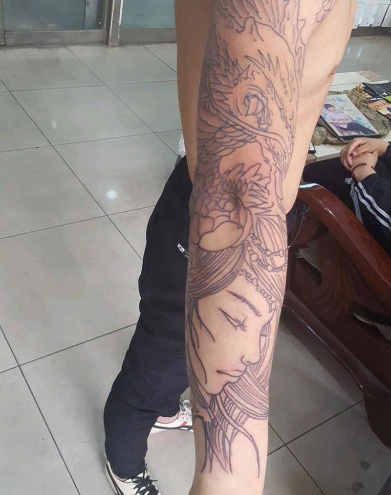 花臂线条纹身图片