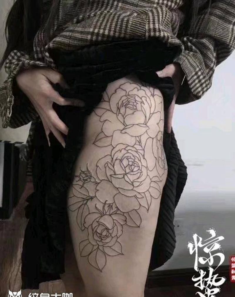 大腿繁花纹身图片_腿部水彩纹身图案