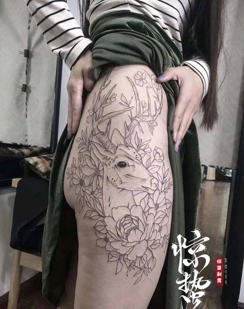 大腿鹿与花纹身图片_腿部水彩纹身图案