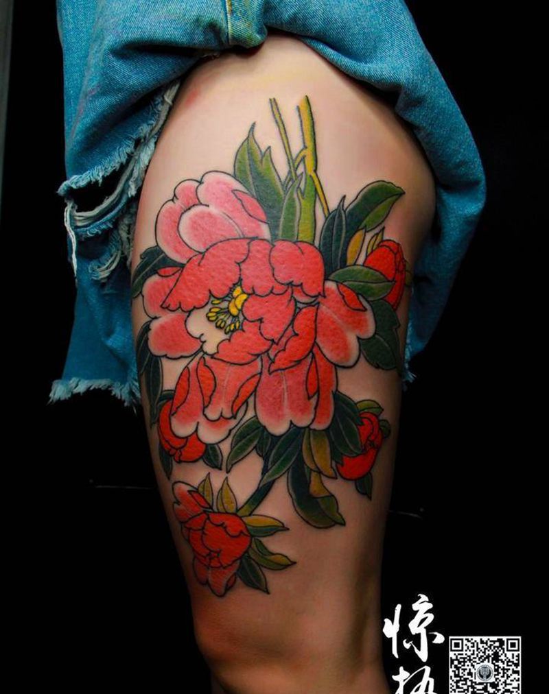 牡丹花－牛小呆老师纹身图片_成品传统清新腿部植物惊蛰刺青原创纹身图案