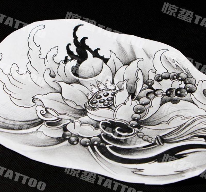 荷花原创手稿纹身图片_手稿手臂腿部传统清新植物惊蛰刺青原创纹身图案