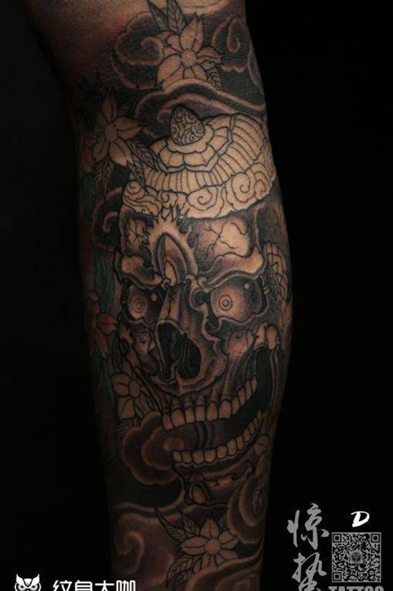 小腿-死神纹身图片_成品腿部传统鬼神纹身图案