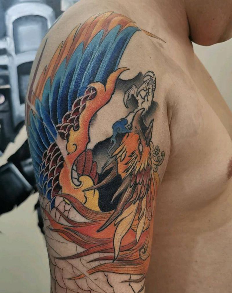 凤凰花臂局部恢复后纹身图片_手臂新传统纹身图案