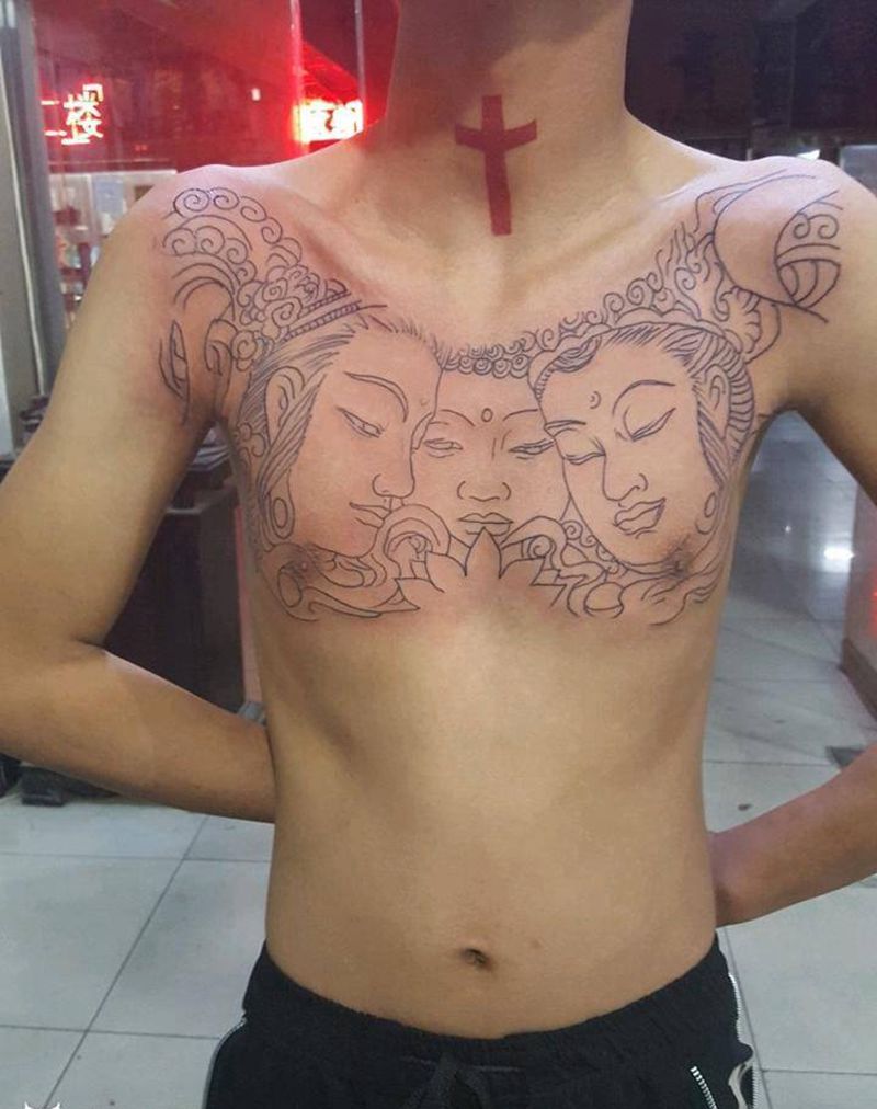 三面佛线条纹身图片