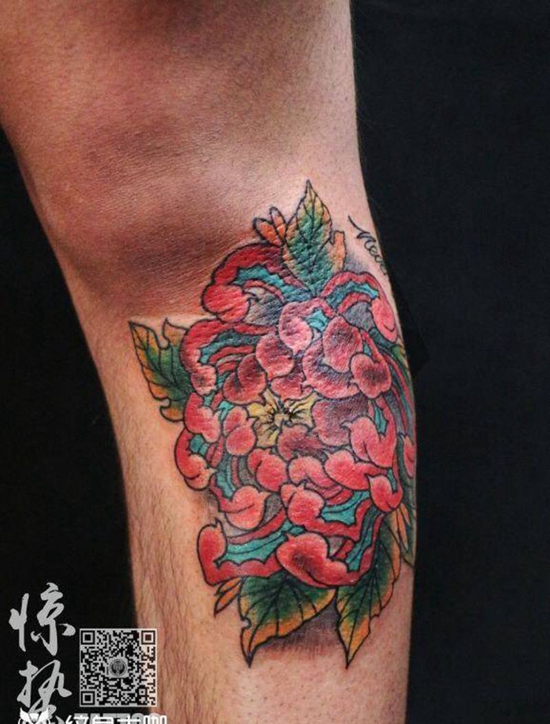 小腿菊花纹身图片_成品腿部清新植物图案纹身图案