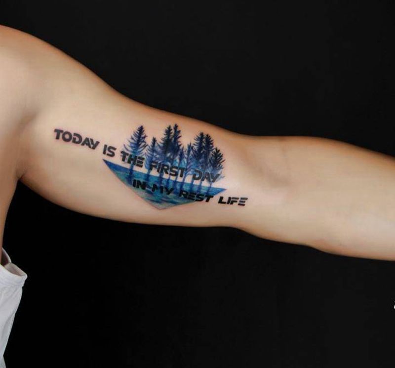 水彩树林➕英文纹身图片_成品手臂几何原创字符清新惊蛰刺青纹身图案