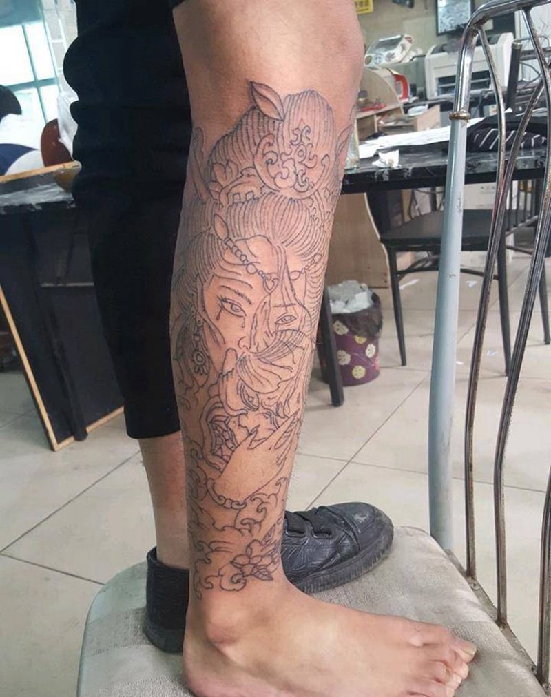 包小腿线条纹身图片