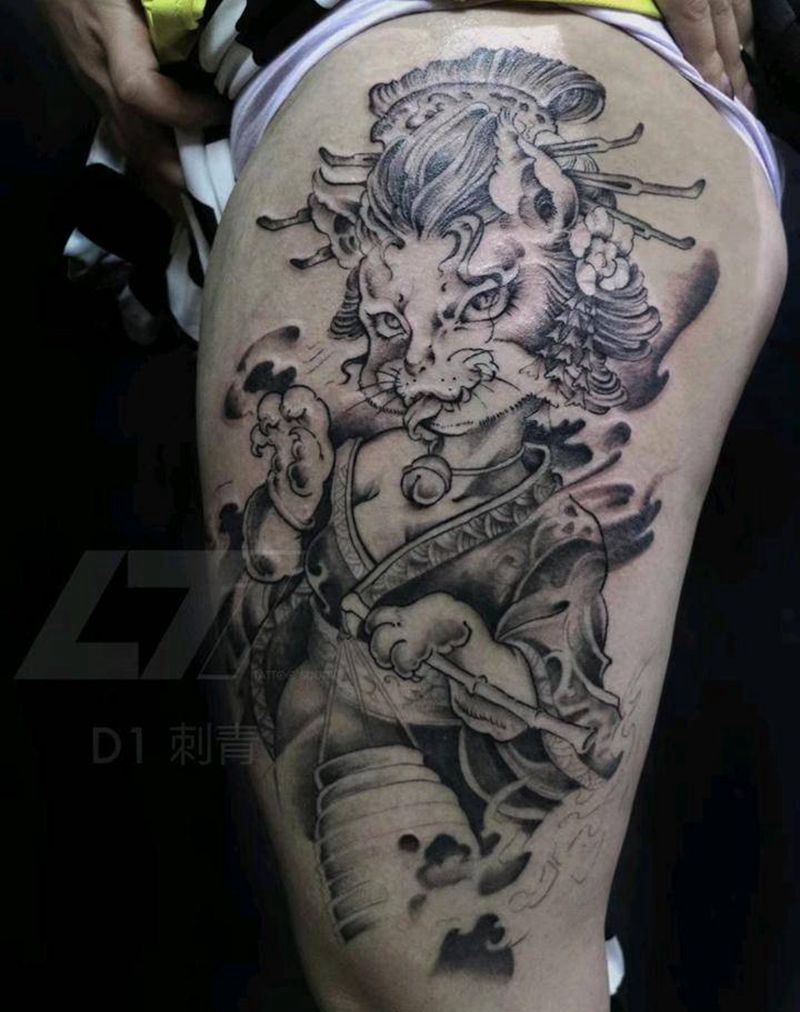 新传统猫妖纹身图片_腿部手臂新传统纹身图案