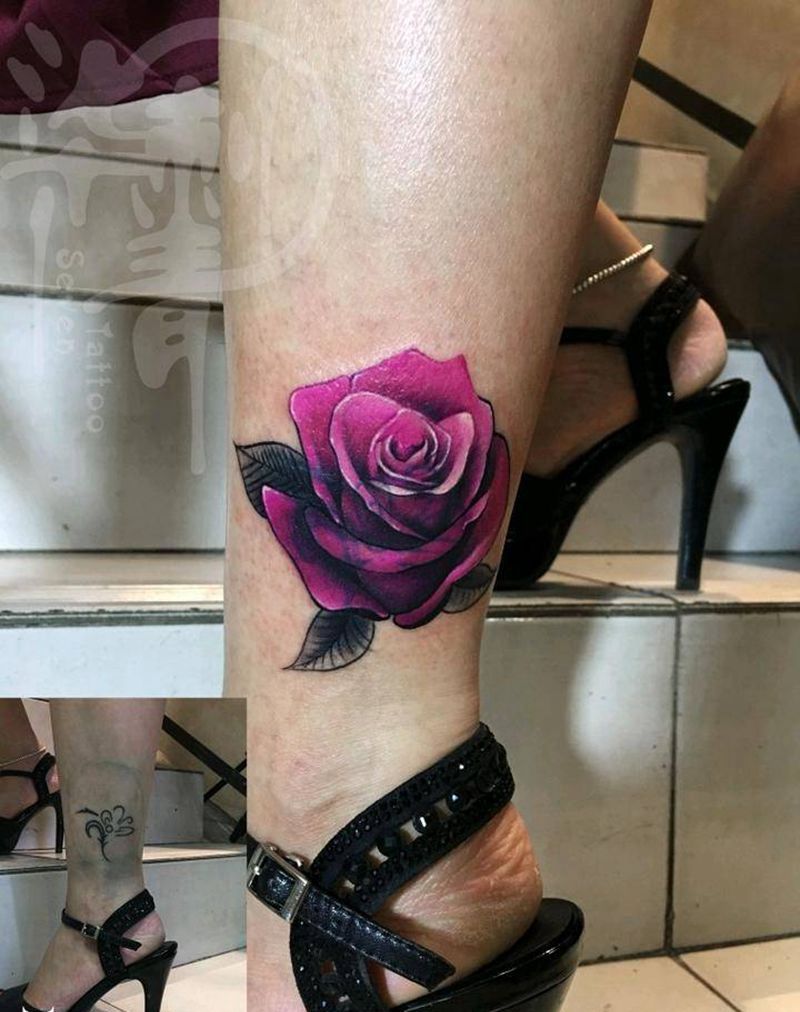 彩色遮盖纹身图片_腿部新传统纹身图案