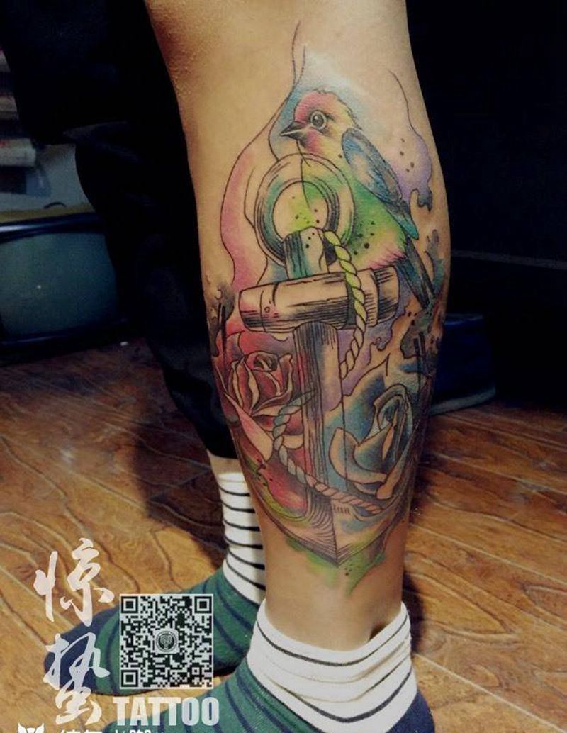 水彩船矛纹身图片_成品腿部欧美清新原创惊蛰刺青纹身图案
