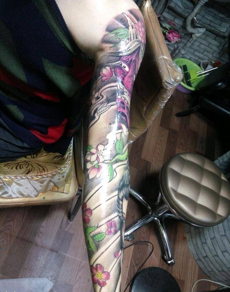 花臂纹身图片_手臂传统人物植物静物原创手稿纹身图案