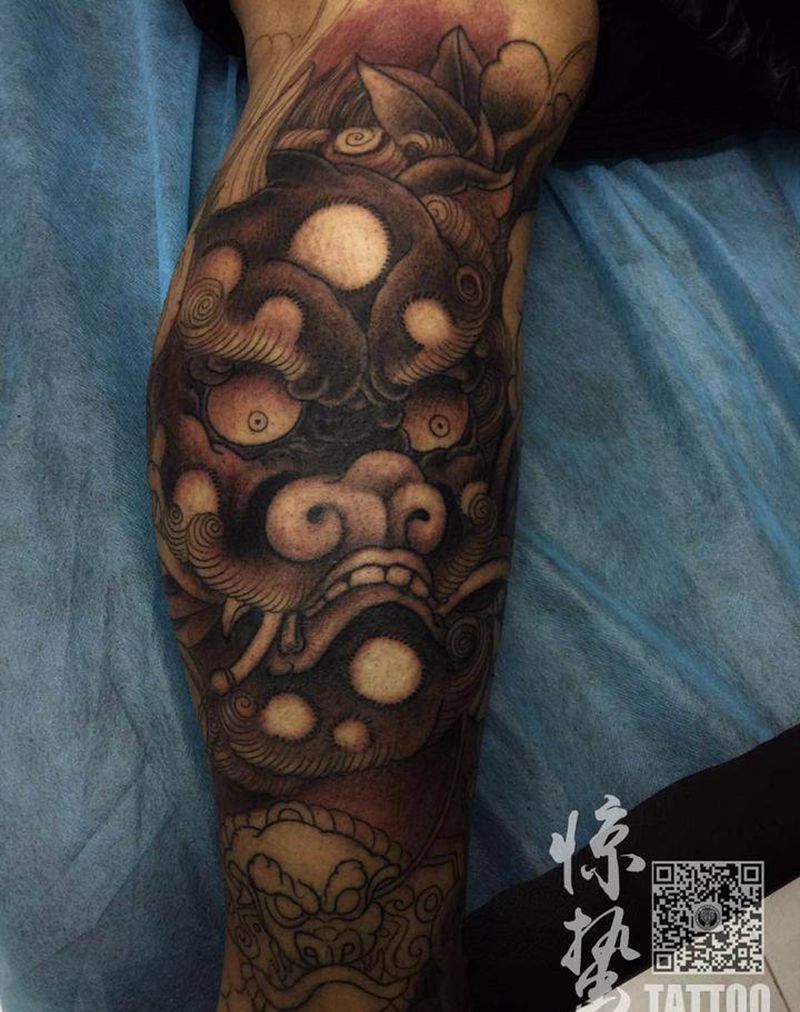 大兵老师作品，包小腿未完纹身图片_成品腿部传统惊蛰刺青原创纹身图案