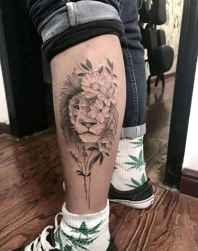 点线狮子花纹身图片_腿部几何点刺纹身图案