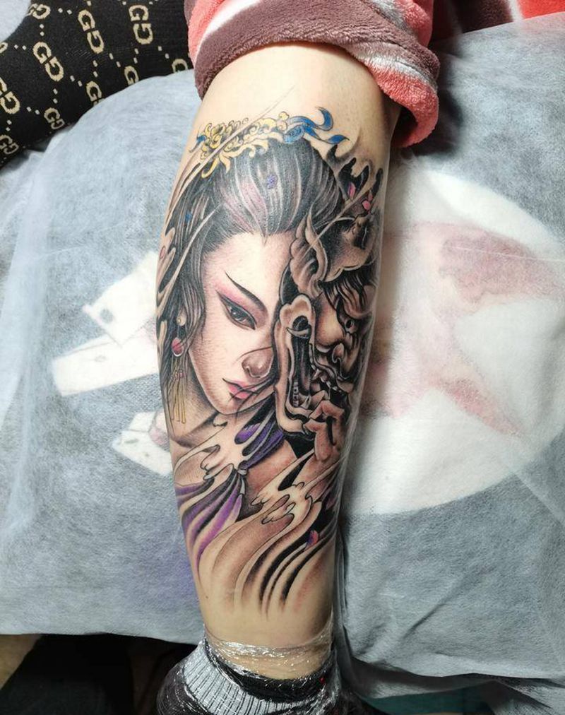 艺伎纹身图片_腿部新传统纹身图案