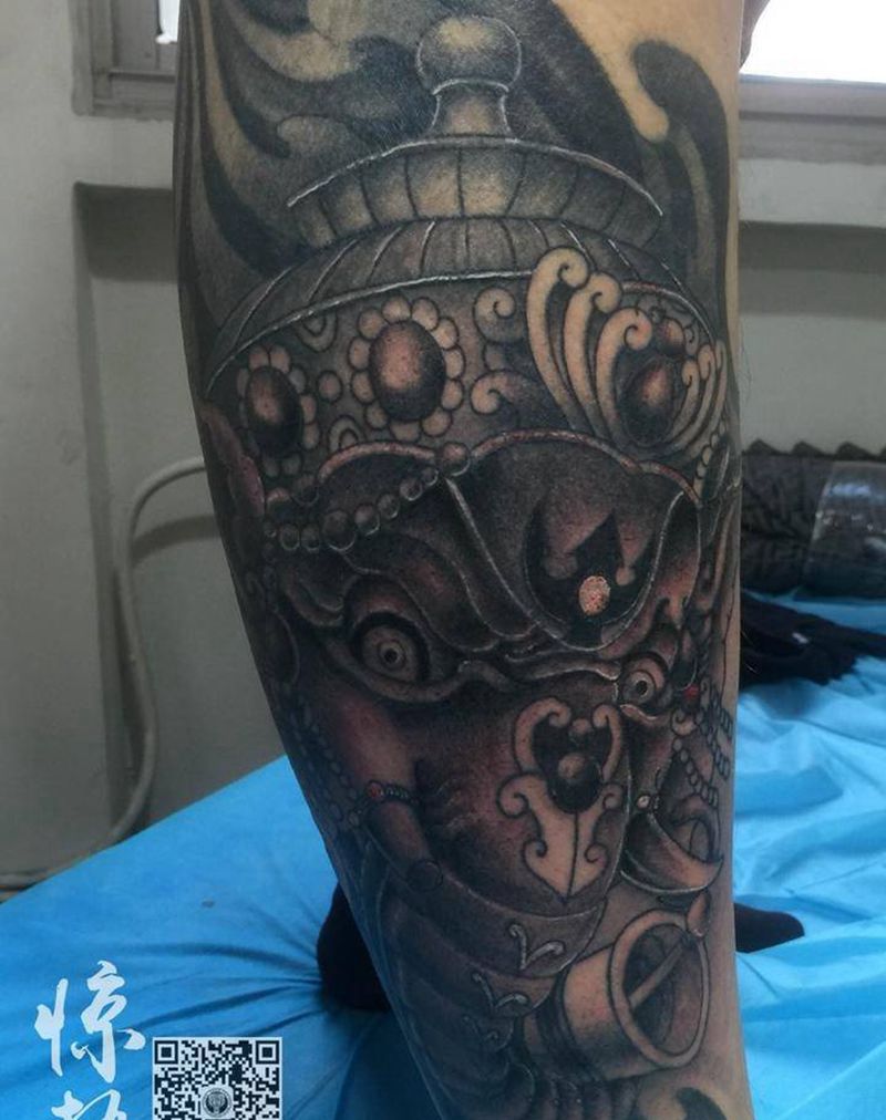 象神包小腿——惊蛰刺青首席大兵老师纹身图片_成品腿部传统鬼神动物原创惊蛰刺青纹身图案