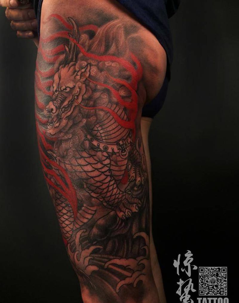 火麒麟纹身图片_成品传统腿部原创鬼神惊蛰刺青纹身图案