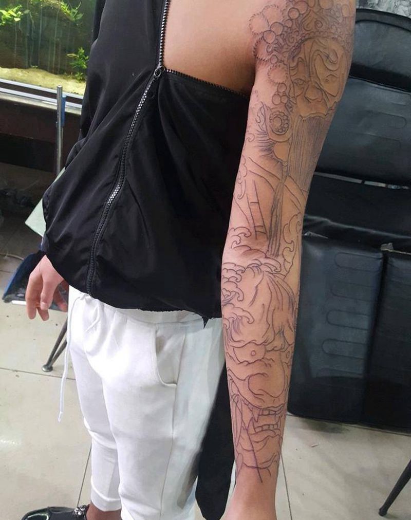 花臂线条纹身图片