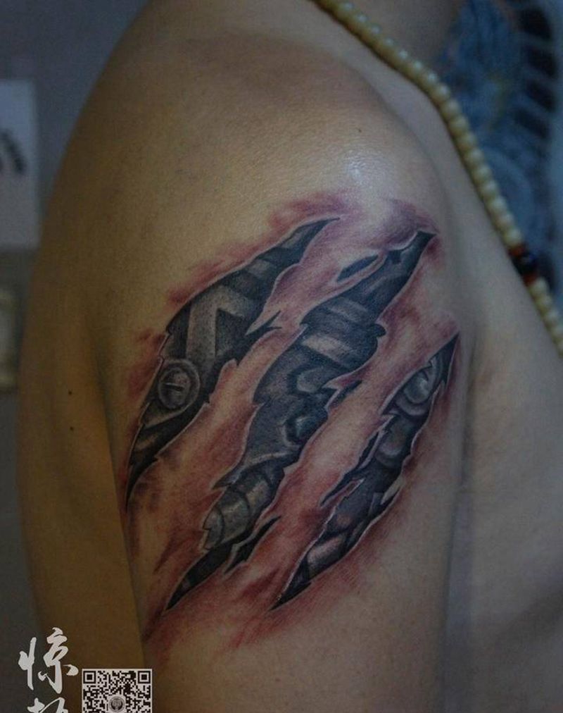 机械大臂纹身图片_成品手臂欧美写实原创惊蛰刺青纹身图案