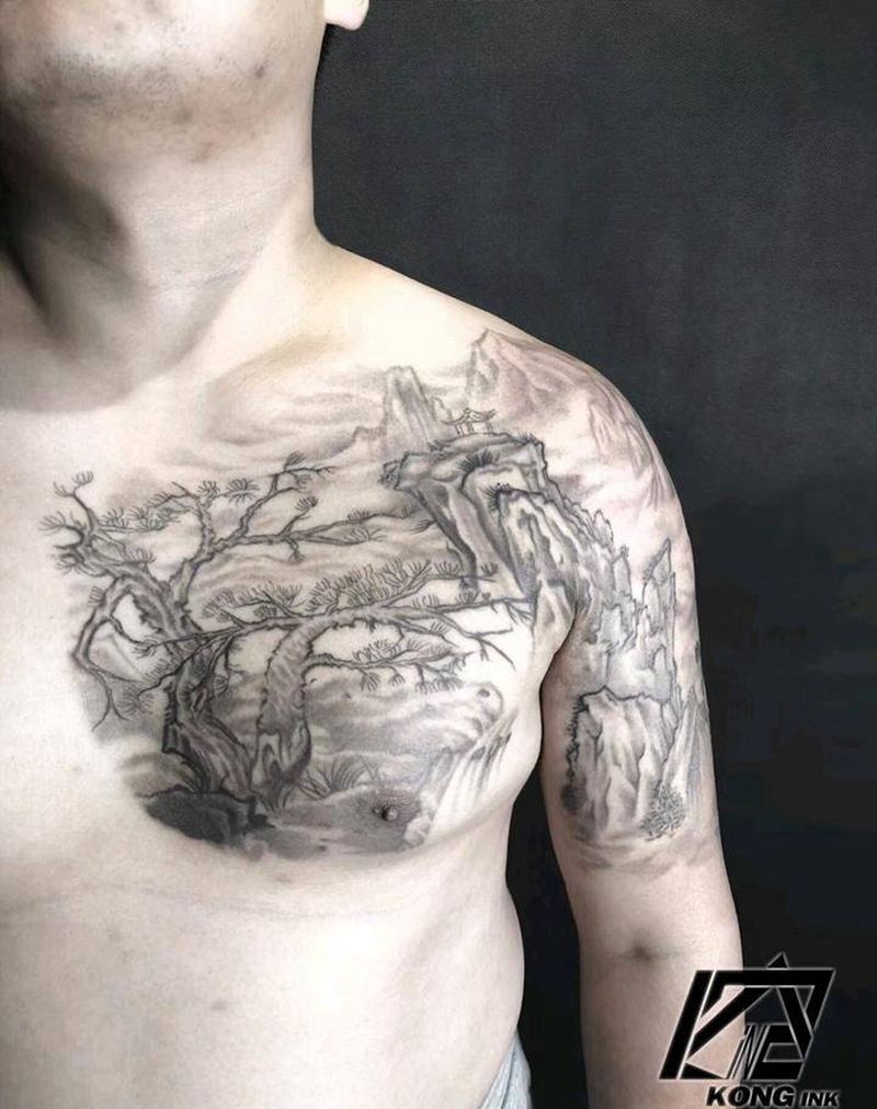 水墨山石纹身图片_手臂胸部水墨纹身图案