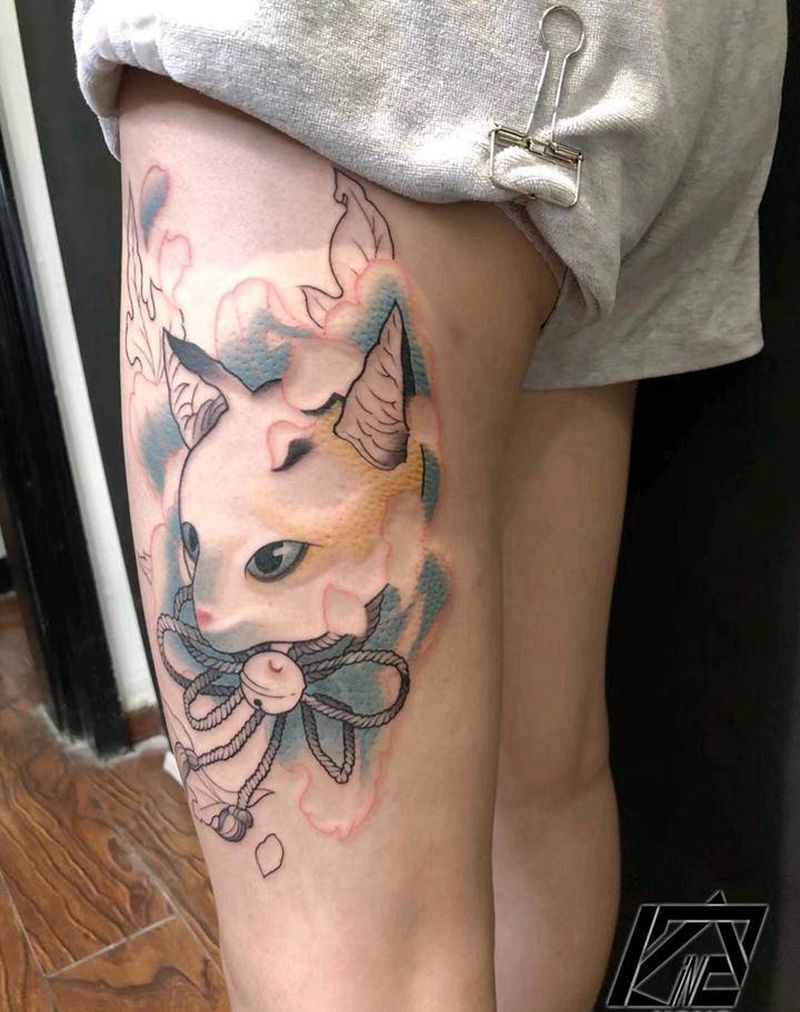 大腿猫咪纹身图片_腿部新传统水彩纹身图案