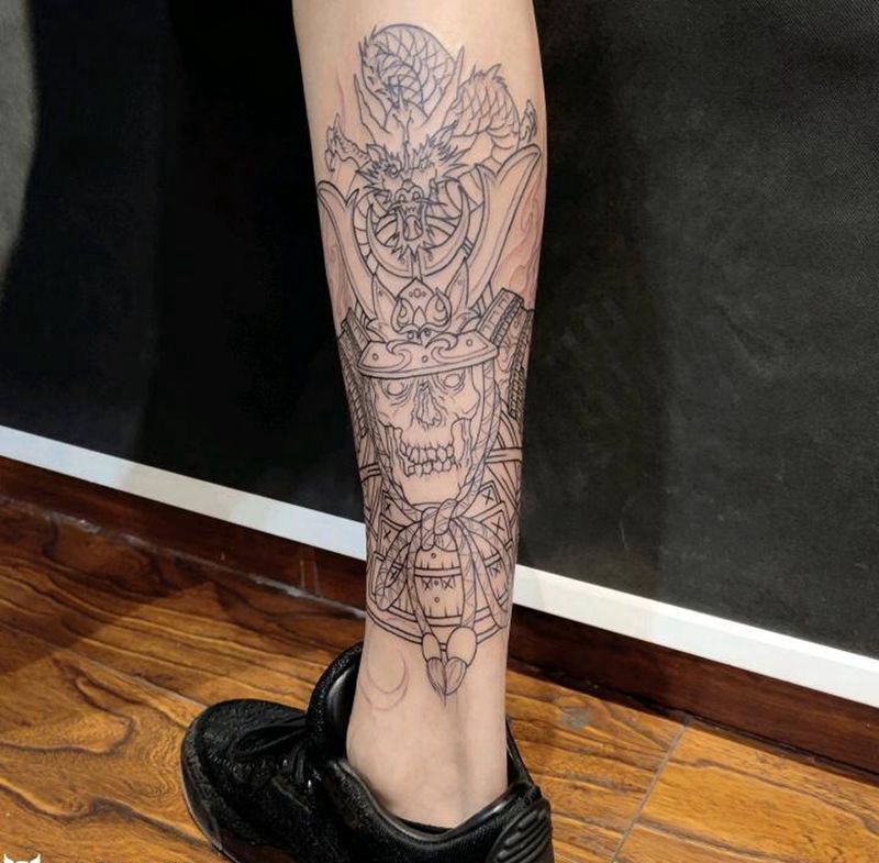 小腿鬼武士纹身图片_腿部新传统欧美写实纹身图案