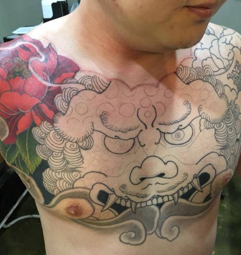 牡丹花·唐狮纹身图片