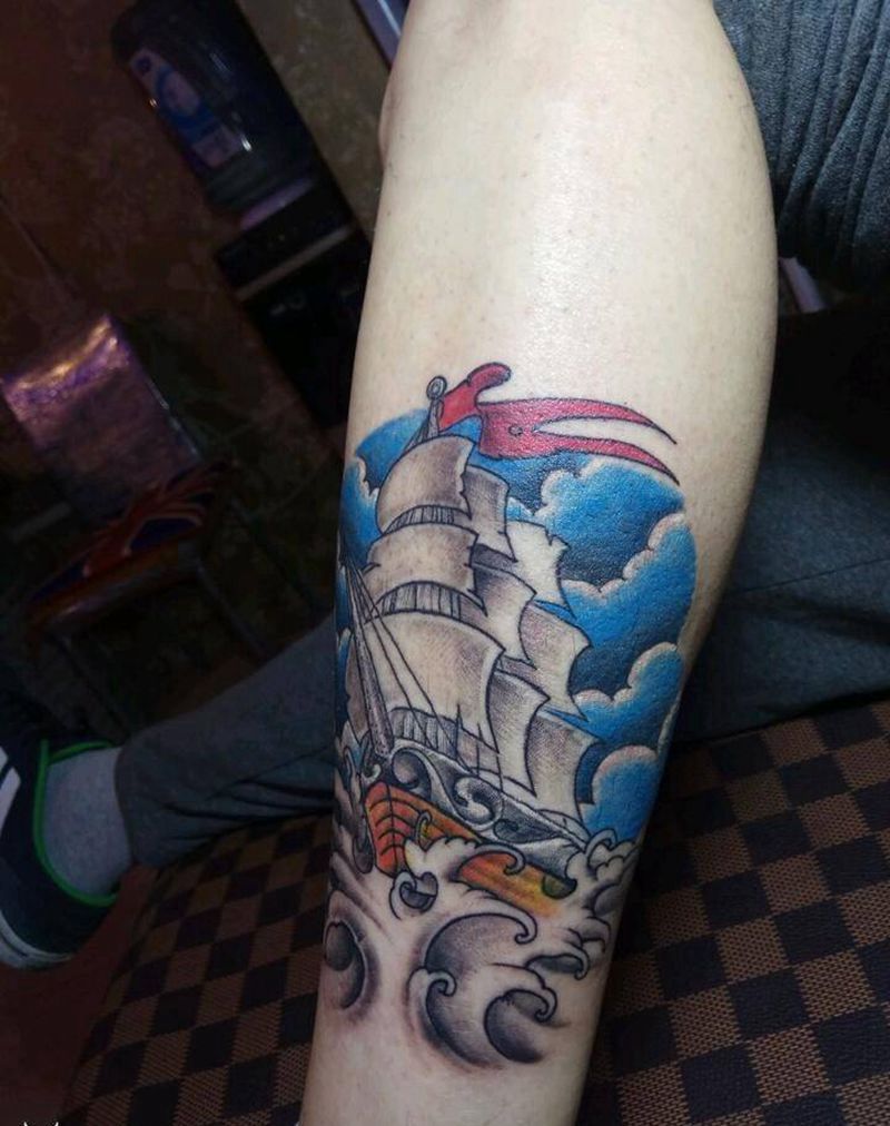 一帆风顺纹身图片_腿部欧美清新原创成品手稿插画纹身图案