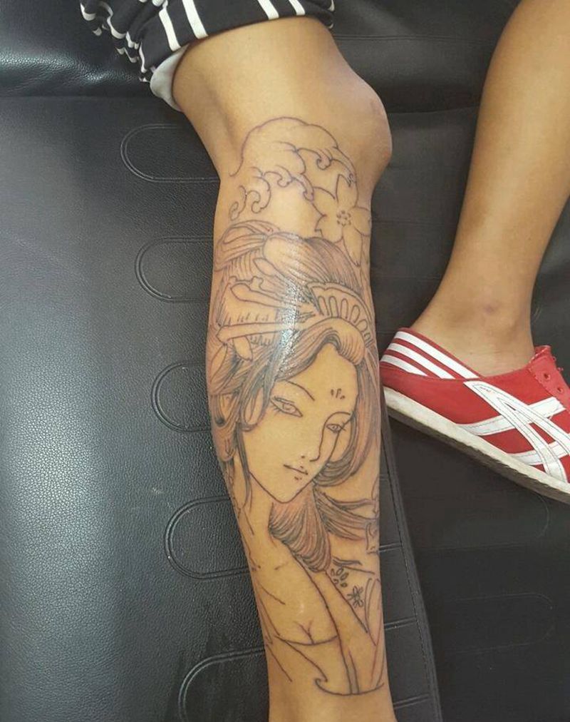 小腿艺妓线条纹身图片