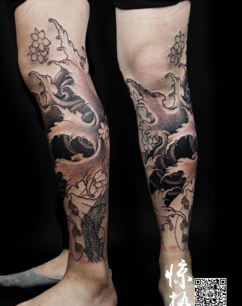 小腿水浪未完纹身图片_成品腿部传统原创惊蛰刺青纹身图案