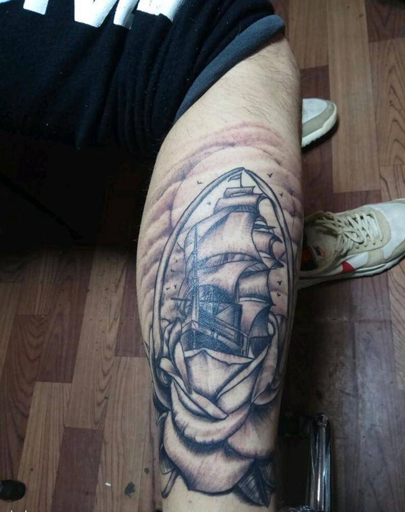 一帆风顺爱的海洋纹身图片_腿部欧美清新写实原创手稿纹身图案