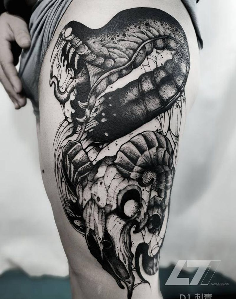 蛇羊骨纹身图片_New School点刺暗黑纹身图案
