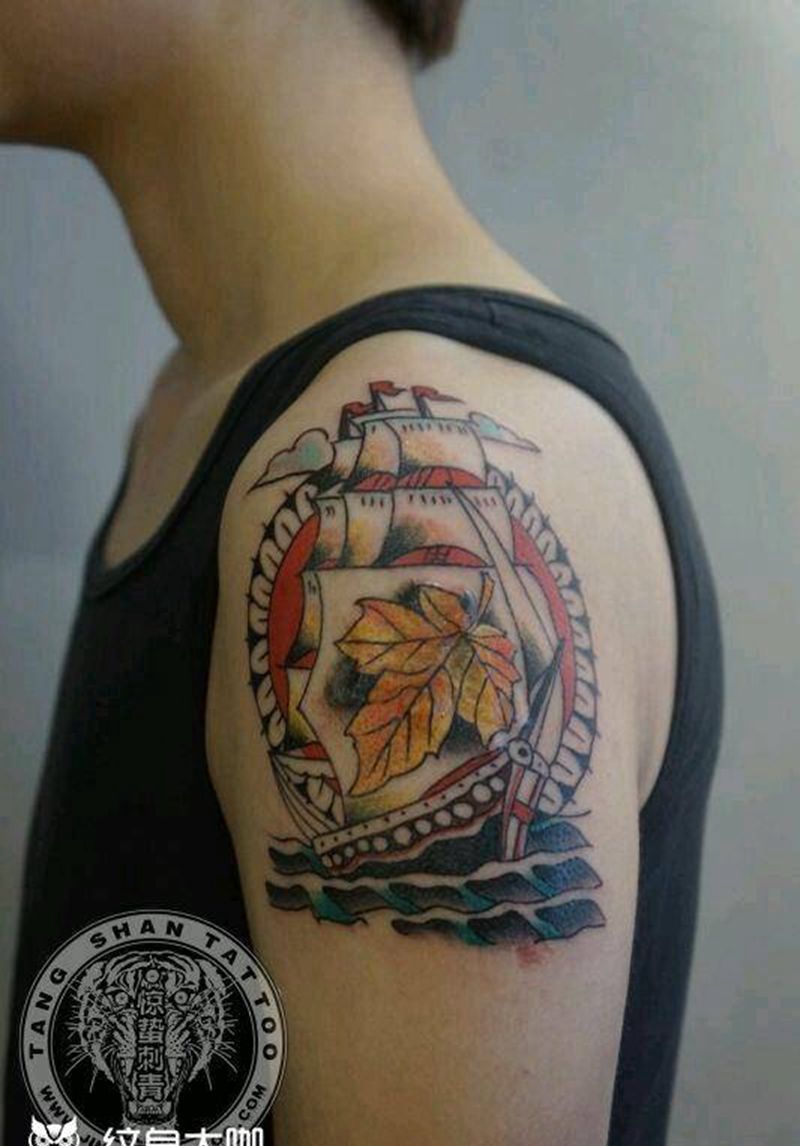 old school 帆船纹身图片_手臂欧美原创唐山惊蛰女性纹身成品纹身图案