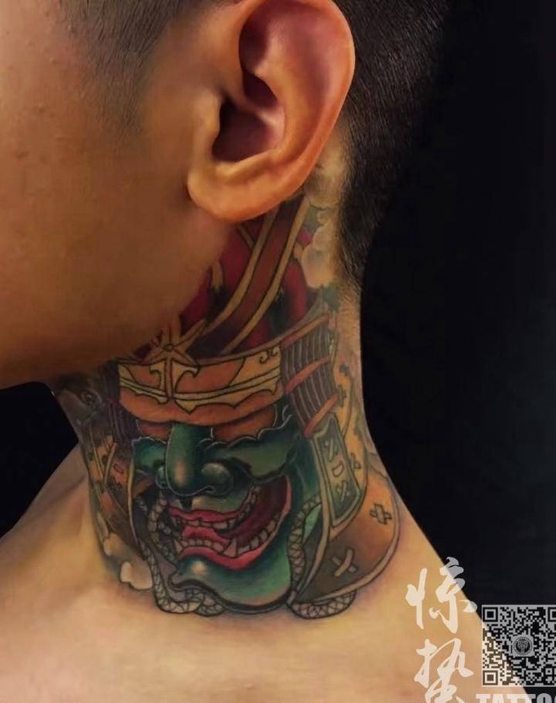 武士花脖纹身图片_成品颈部传统鬼神惊蛰刺青原创纹身图案
