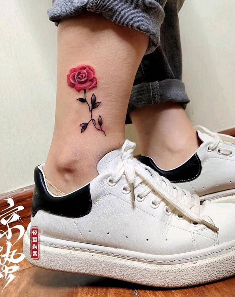玫瑰纹身图片_腿部纹身图案