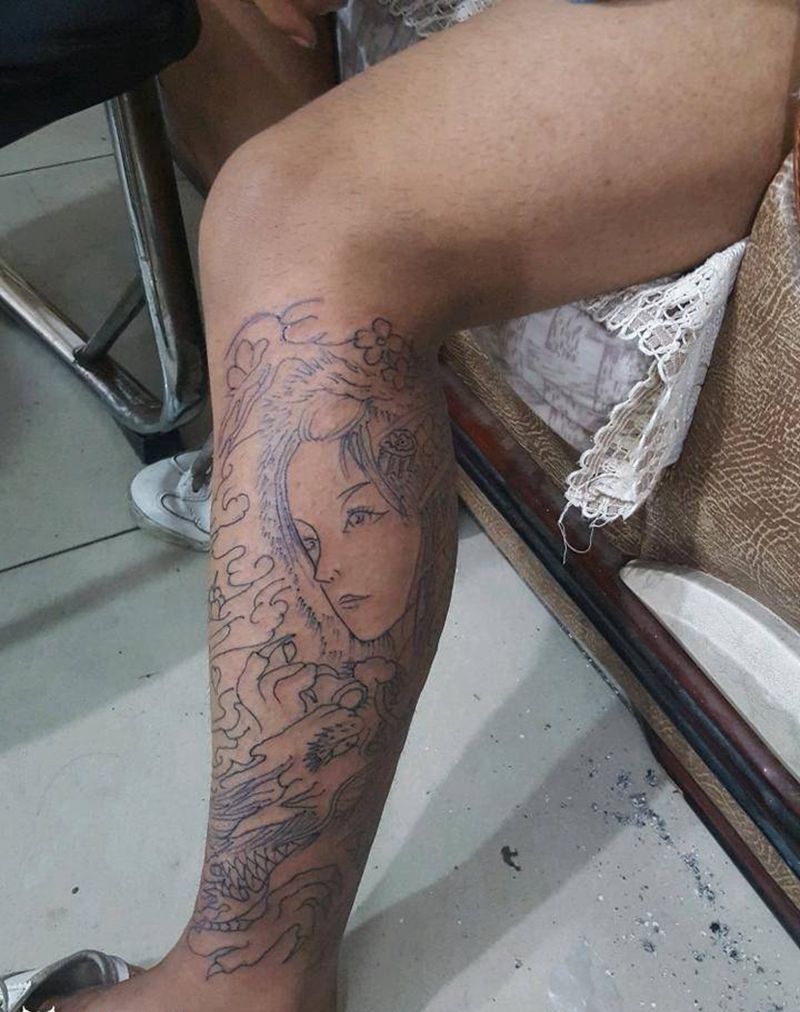 小腿外侧线条纹身图片