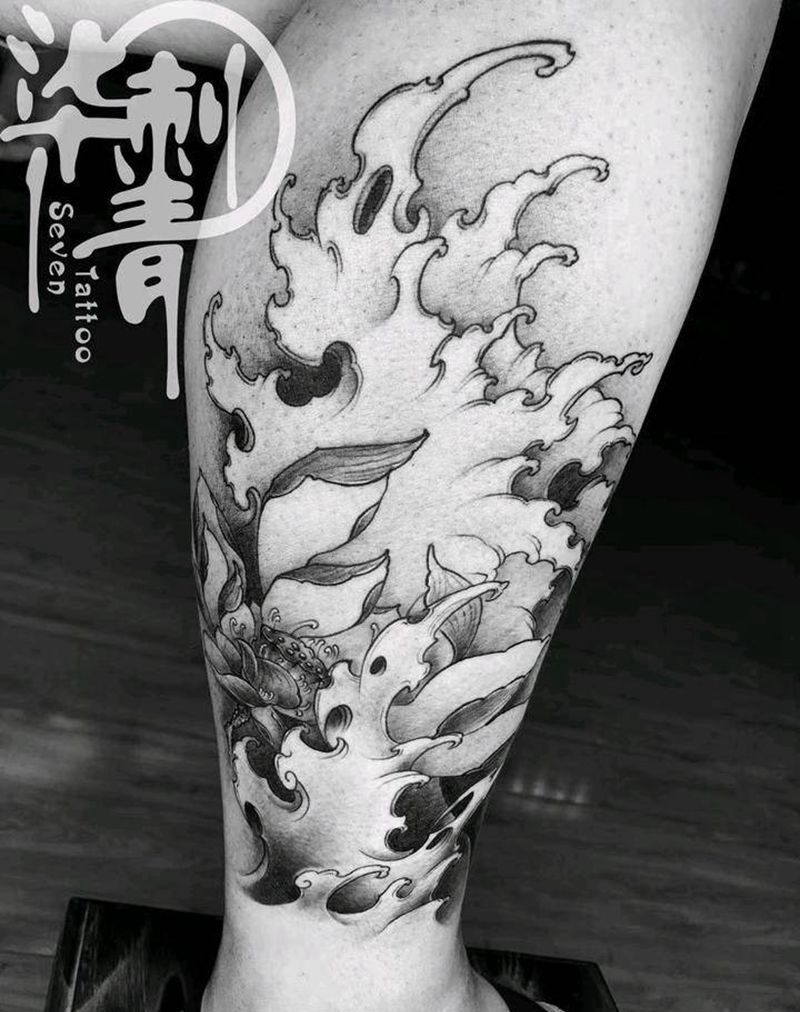 浪花纹身图片_腿部新传统纹身图案