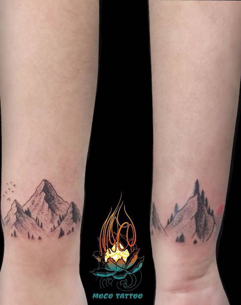 山水画手环纹身图片_手部点刺纹身图案