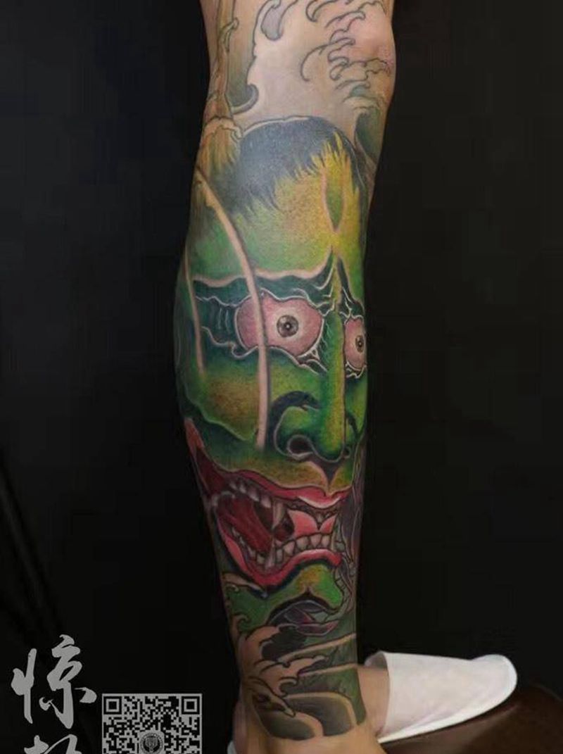 般若包小腿纹身图片_成品手臂传统鬼神纹身图案