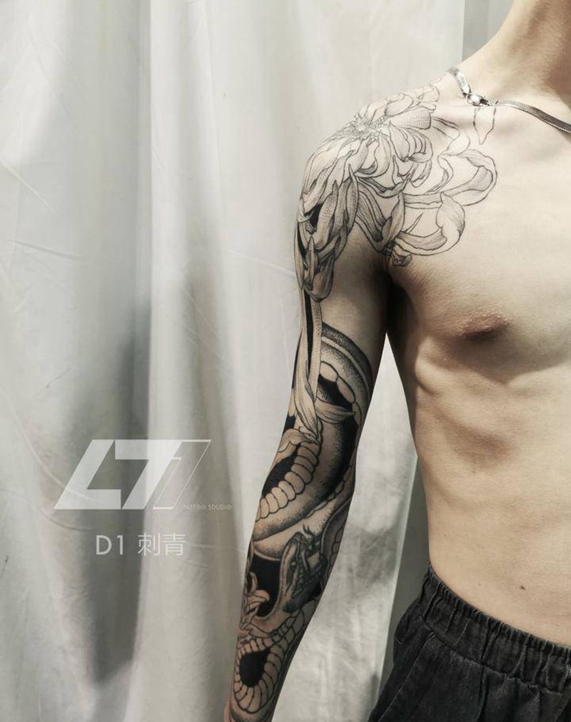 花臂纹身图片_点刺纹身图案