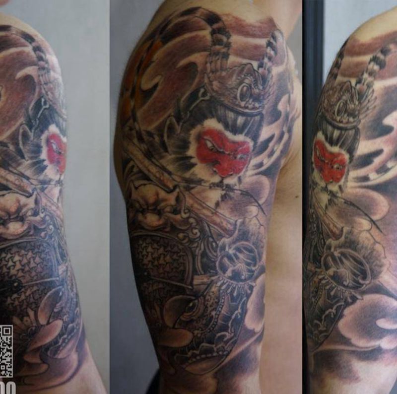 悟空包大臂纹身图片_成品手臂传统惊蛰刺青鬼神纹身图案